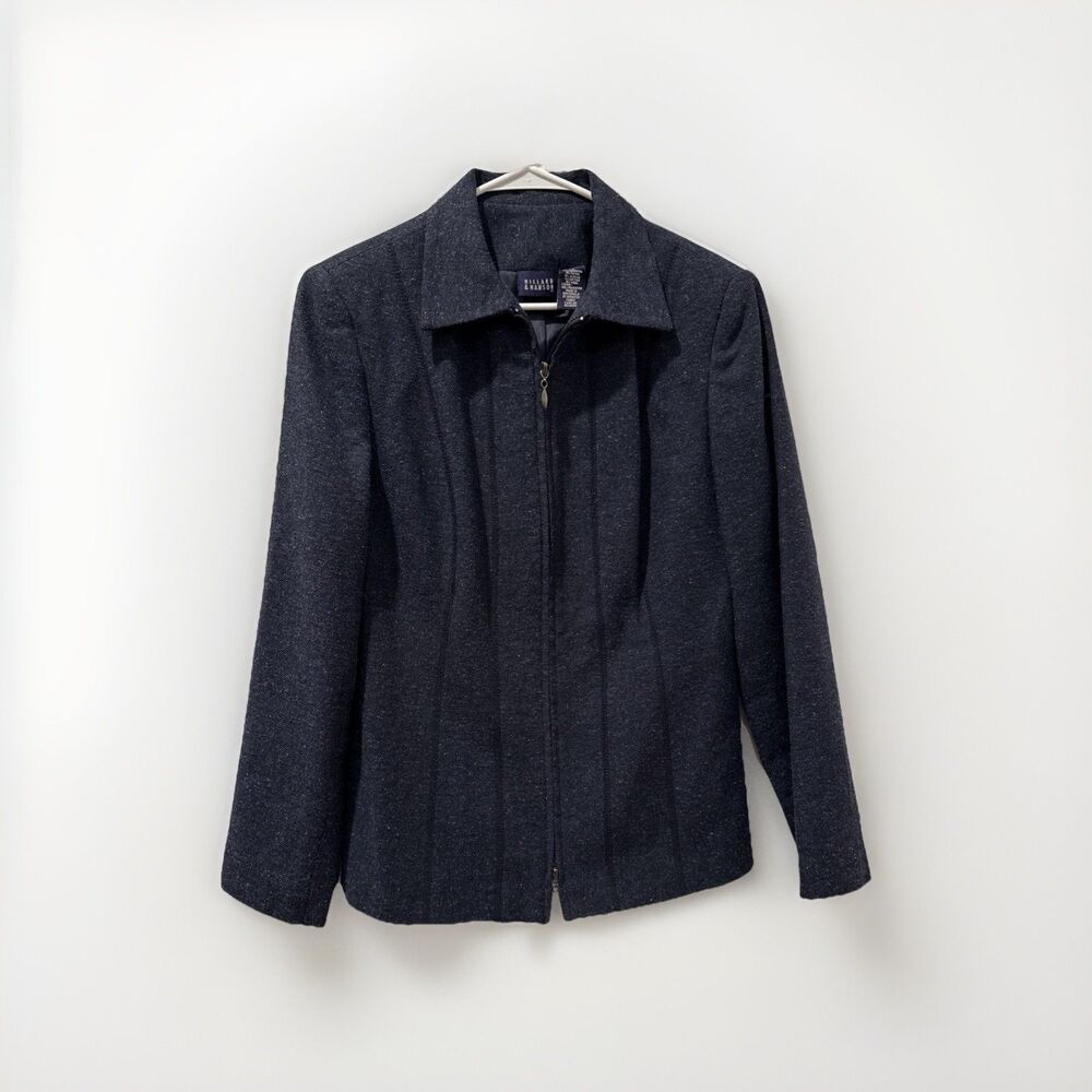 VTG Hillard & Hanson Wool Blend Herringbone Zip lined Blazer Jacket Women 12 Y2K
